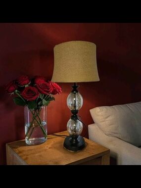 Stacked Mercury Crackle Glass Orb Table Lamp Farmhouse Burlap Shade Pottery Barn